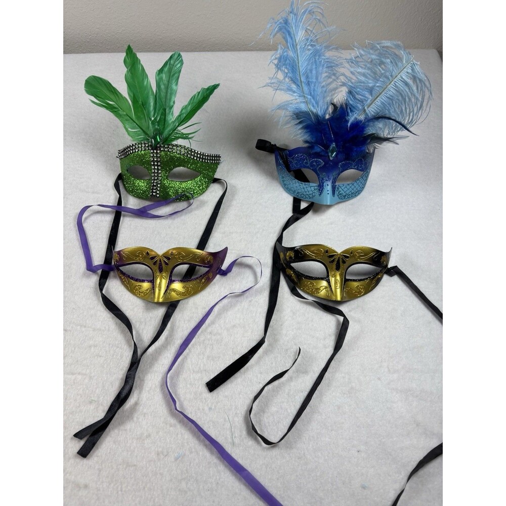 Lot of 4 Masquerade Masks Feather Glitter Rhinestone Mardi Gras Costume Party
